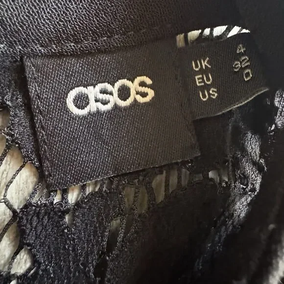 ASOS Mini Dress Black Sz 0 High Neck Skate Lace Insert & Lace Sleeves Stretch - Picture 8 of 16